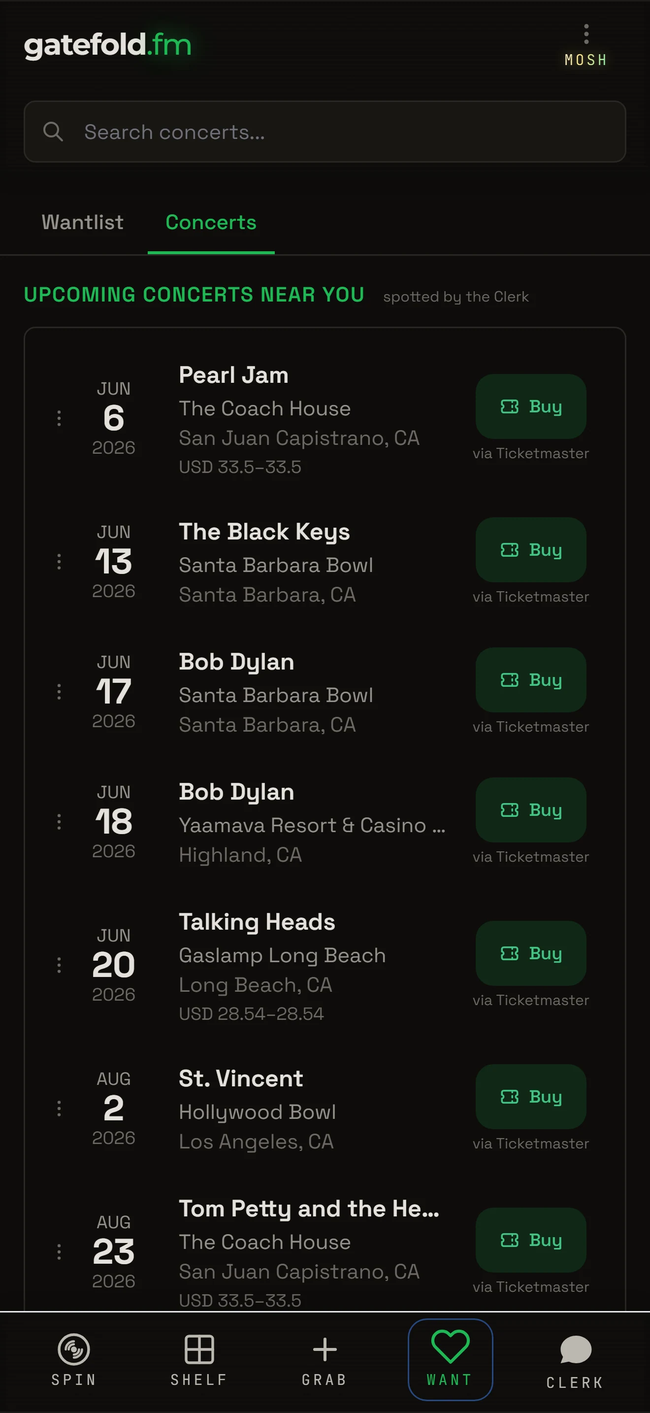Concert alerts on the Hunt screen — upcoming shows for artists you own